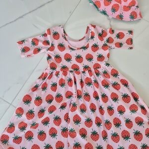 Hanna Andersson Pink Dress with Strawberry Print and matching Hat